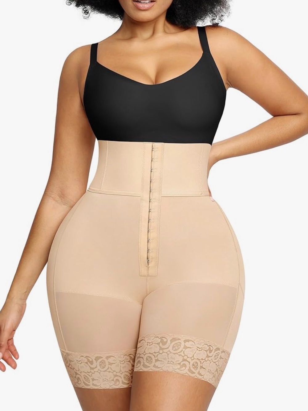 High-Waist Sculpting Shaping Shorts with Lace Hem in Nude